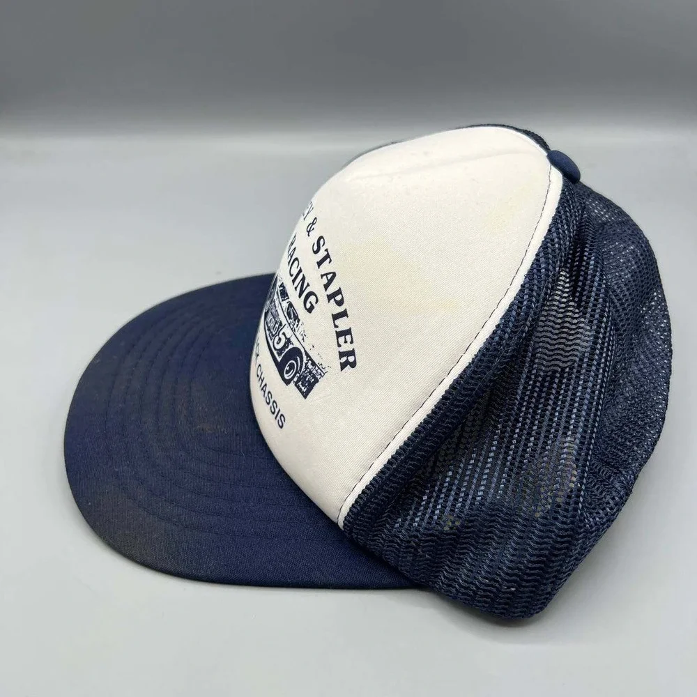 Vintage‎ Finley & Stapler Racing Trucker Hat Men White Blue Xpres Caps Snap Back